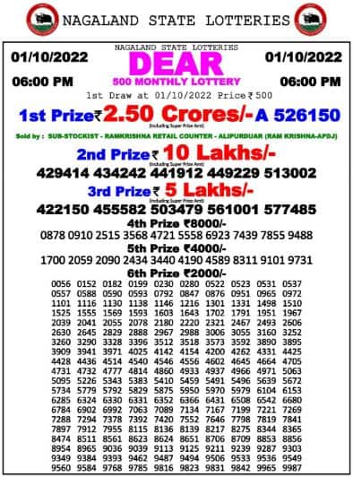 Nagaland Dear 500 Monthly Lottery 1.10.2022 Result