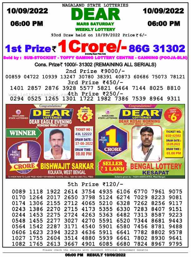 Lottery Sambad Day Result 6 PM 10.9.2022