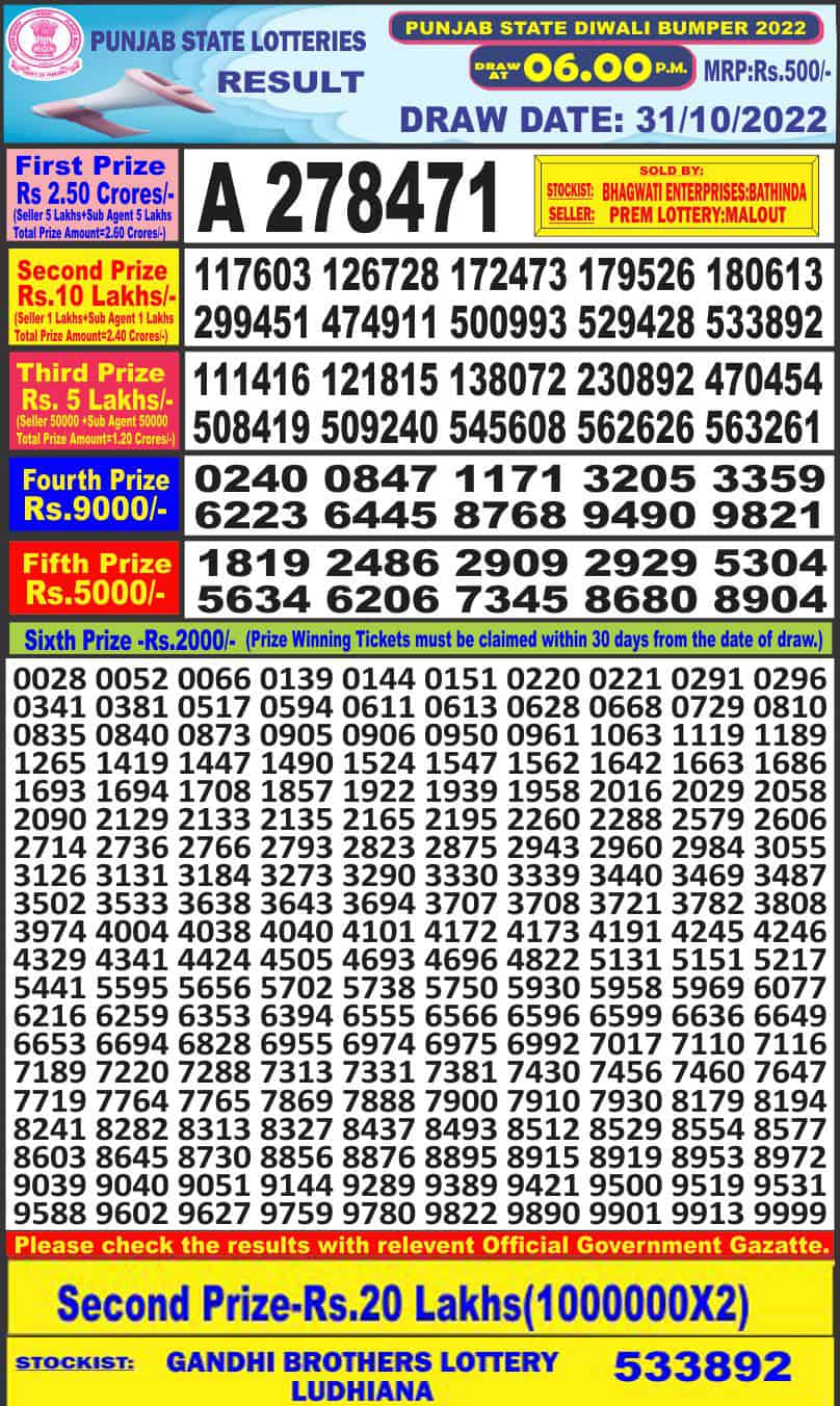 Punjab State Diwali Bumper Lottery 31.10.2022