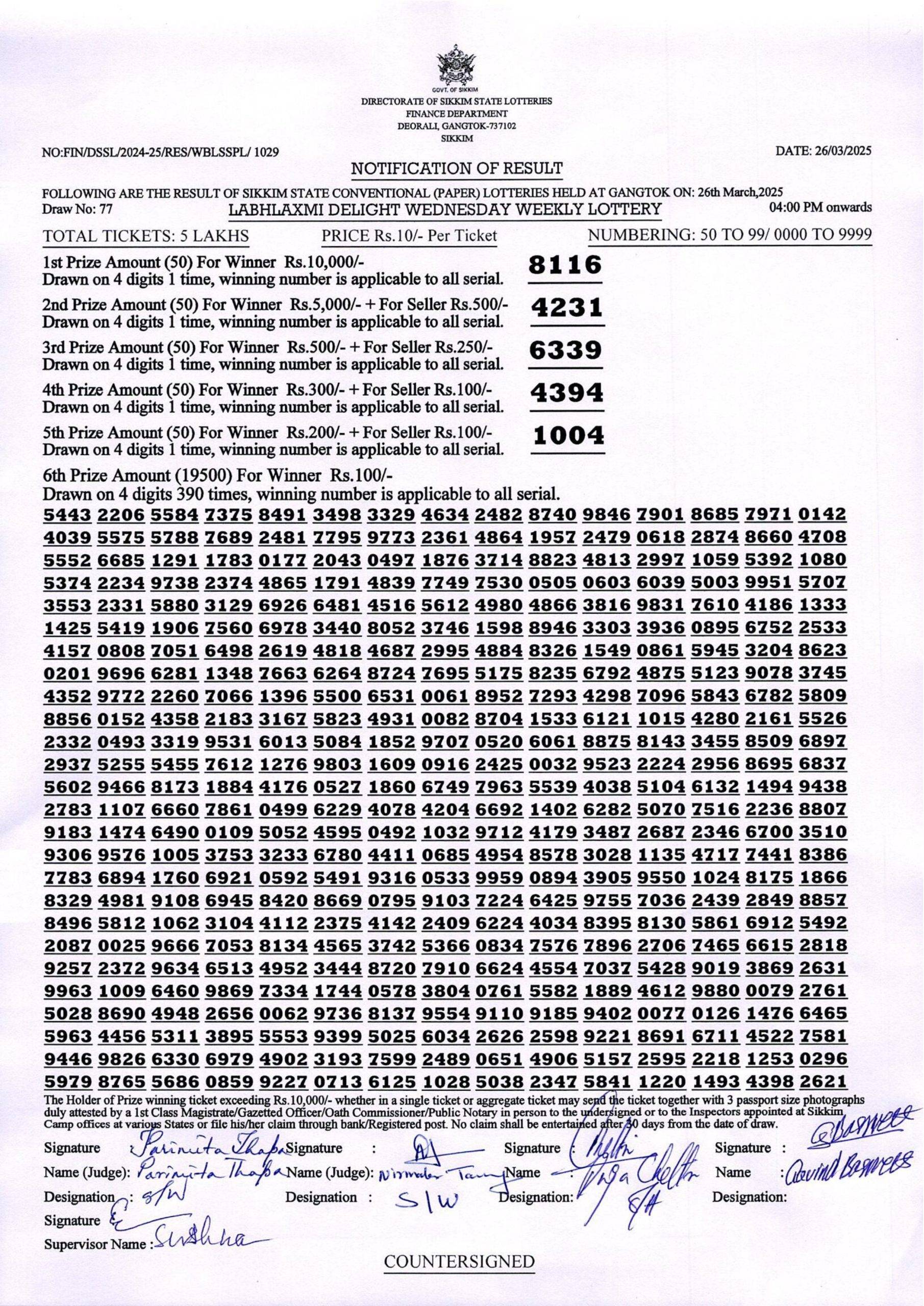 Labhlaxmi Weekly Sikkim State Lottery 4 PM Result 26.3.2025