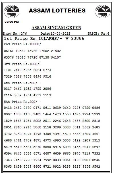 Assam State Lottery Today Result 5 PM 10.4.2023