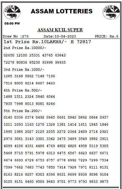 Assam State Lottery Evening Result 8 PM 10.4.2023