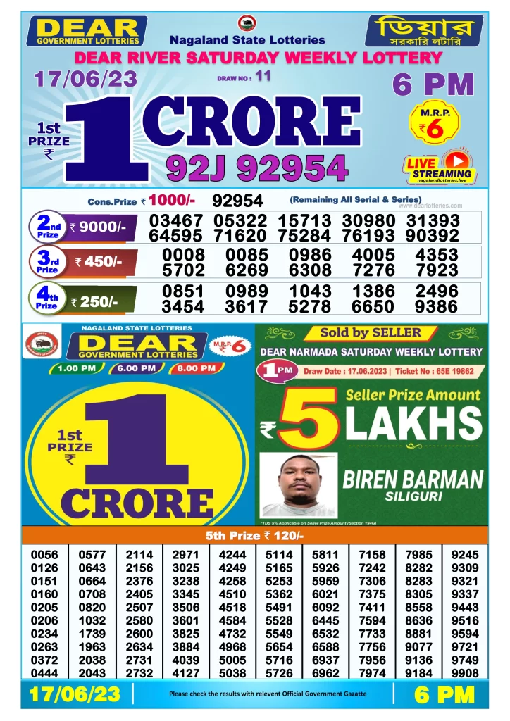 Lottery Sambad Day Result 6 PM 17.6.2023