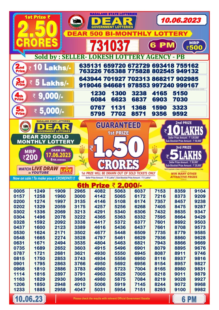 Nagaland State Dear 500 Bi-Monthly Lottery 10.6.2023 Today Result 
