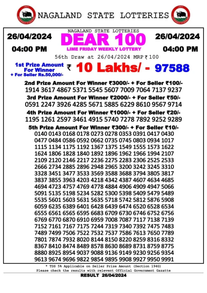 Nagaland State Dear Weekly Lottery Result 4 PM 26.4.2024