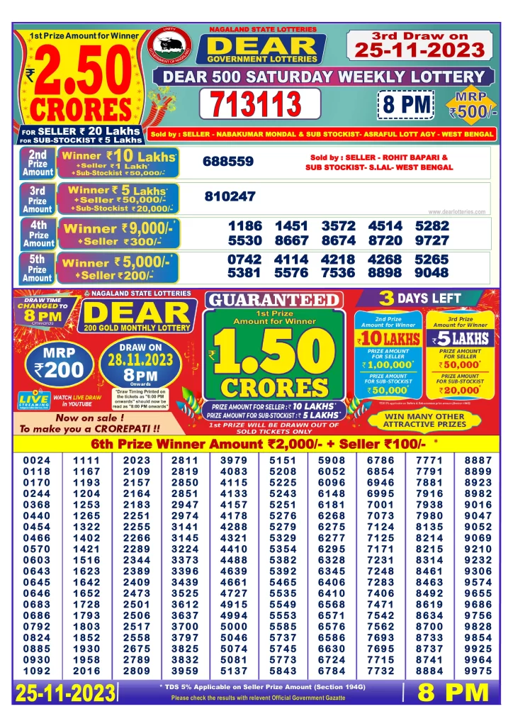 Nagaland Dear 500 Weekly Saturday Lottery 25.11.2023 Result 8 PM