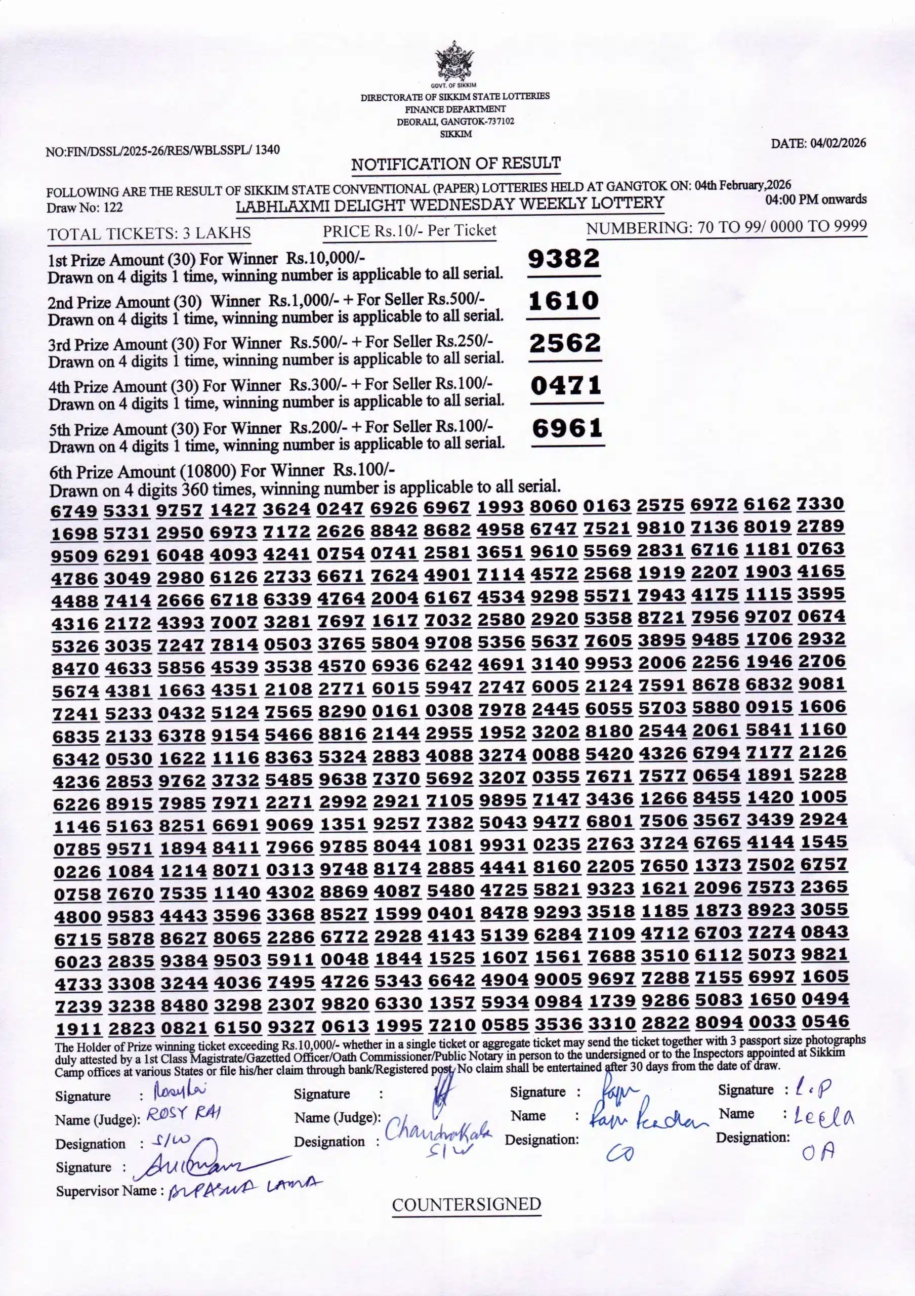 Dear 10 Sikkim State Lottery Result 7 PM 3.6.2025