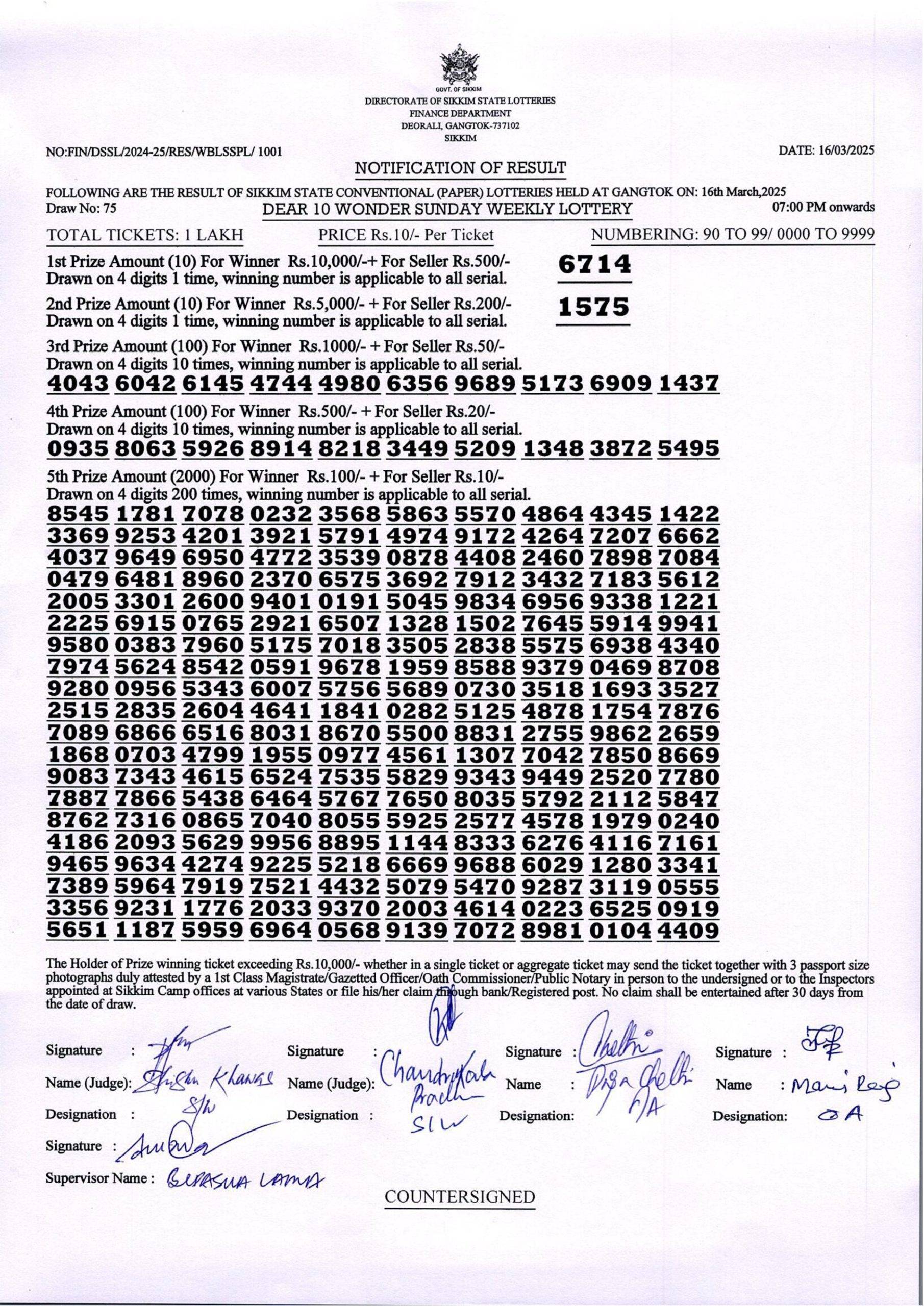 Dear 10 Sikkim State Lottery Result 7 PM 16.3.2025