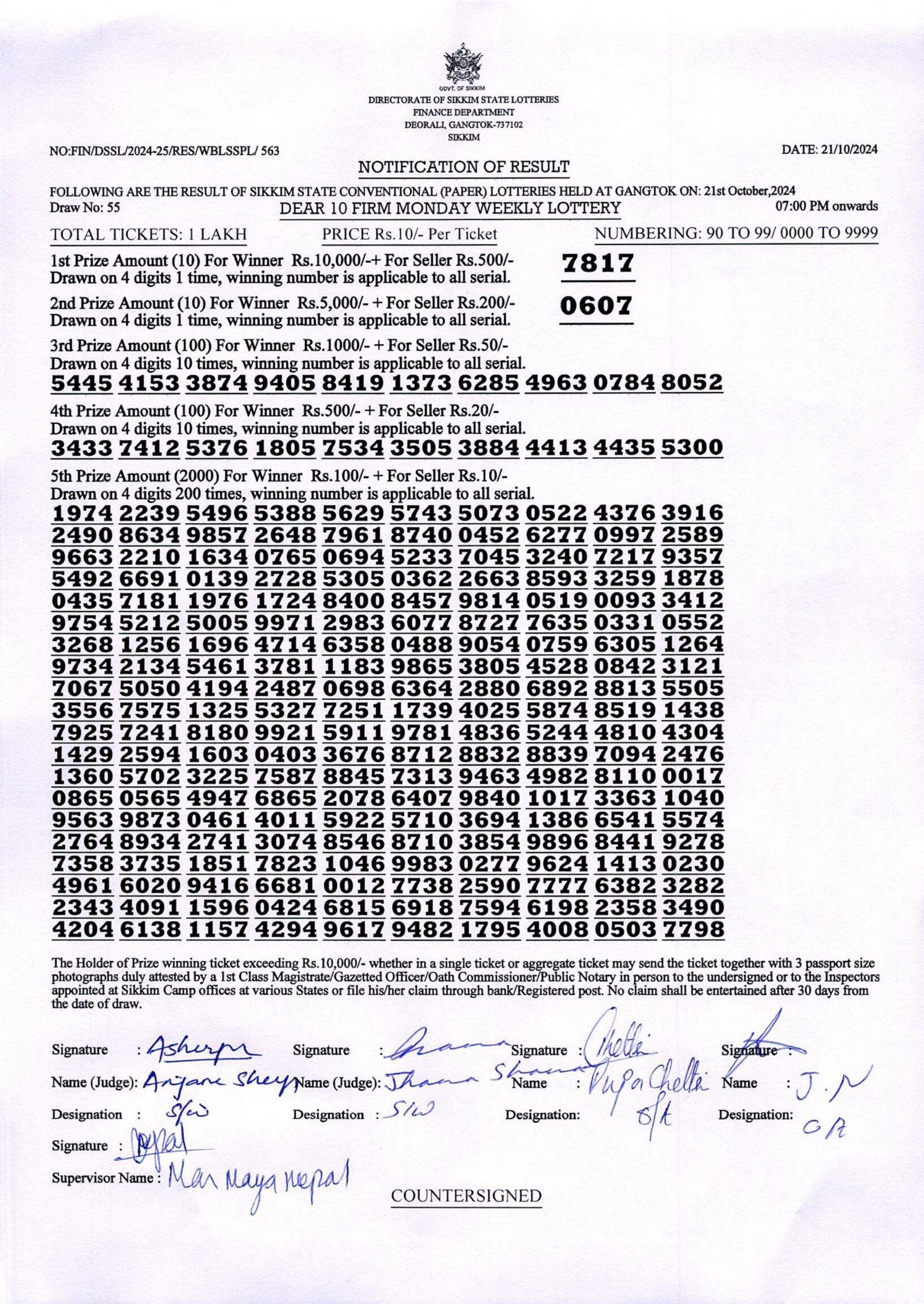 Dear 10 Sikkim State Lottery Result 7 PM 21.10.2024