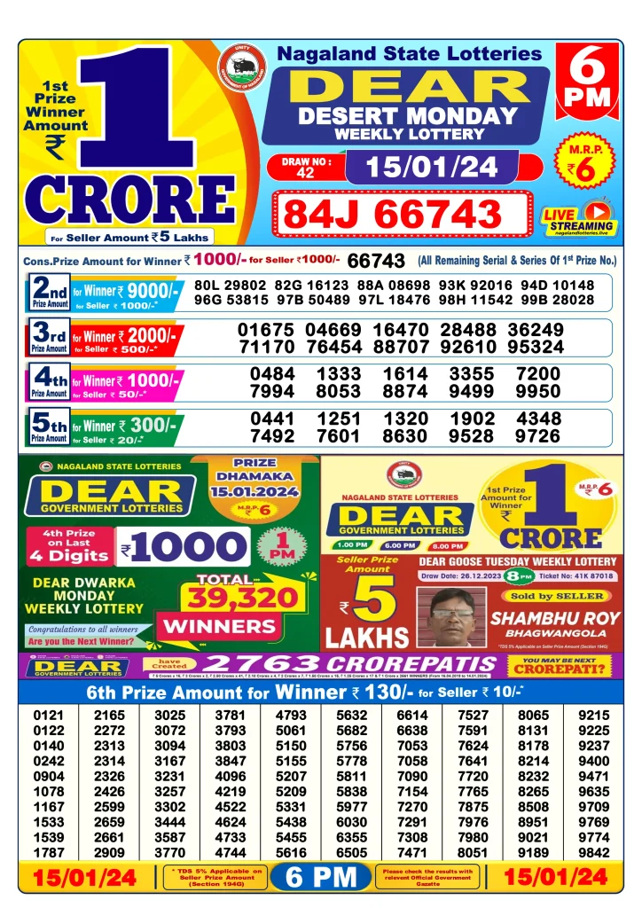 Lottery Sambad Day Result 6 PM 15.1.2024