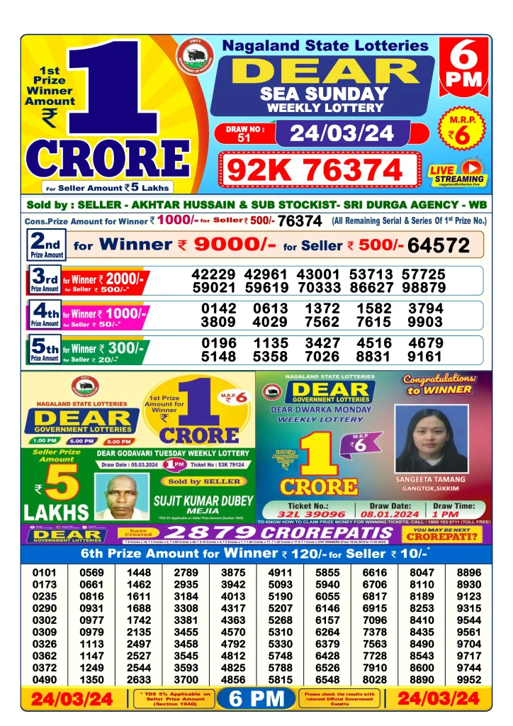 Lottery Sambad 24.3.2024 Today Result 1 PM, 6 PM, 8 PM