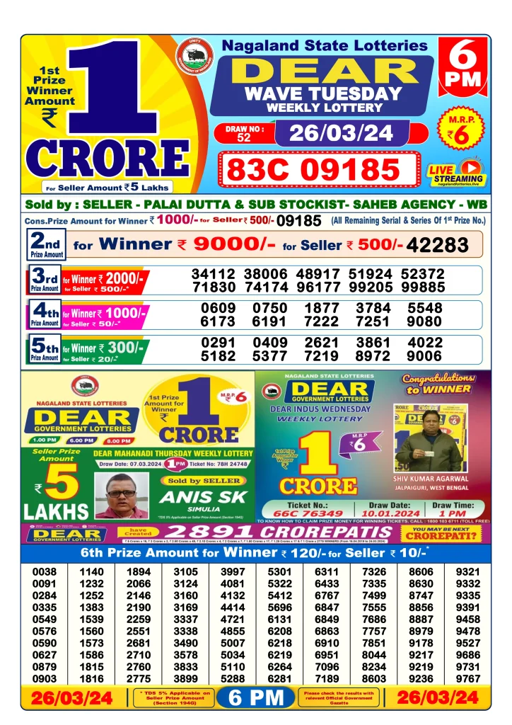 Lottery Sambad 26.3.2024 Today Result 1 PM, 6 PM, 8 PM