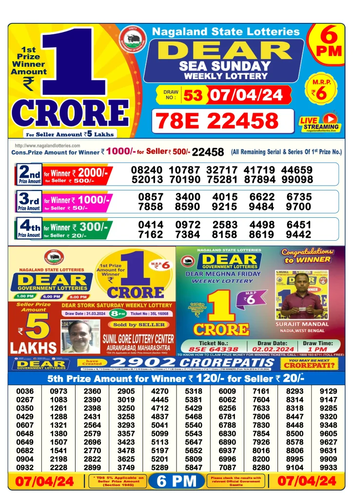 Lottery Sambad 7.4.2024 Today Result 1 PM, 6 PM, 8 PM 