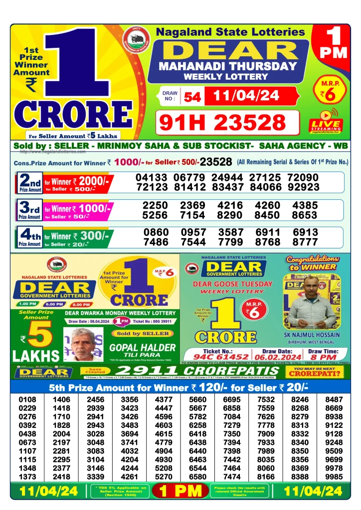 Lottery Sambad 11.4.2024 Today Result 1 PM, 6 PM, 8 PM