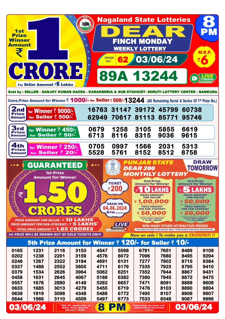 Lottery Sambad 3.6.2024 Today Result 1 PM, 6 PM, 8 PM