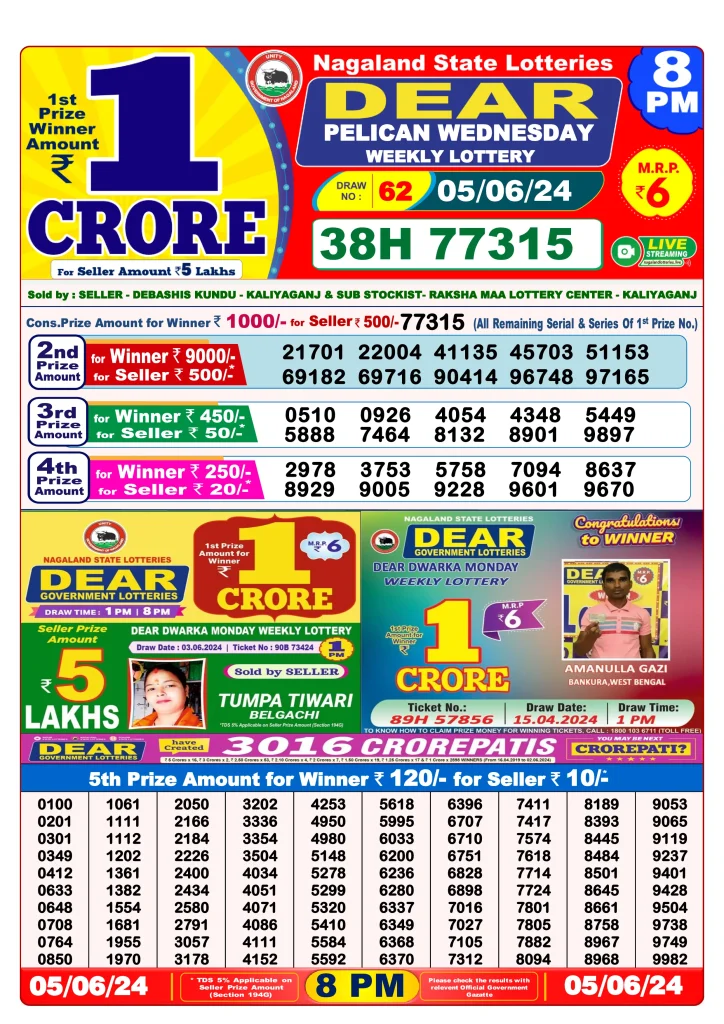 Lottery Sambad 5.6.2024 Today Result 1 PM, 6 PM, 8 PM