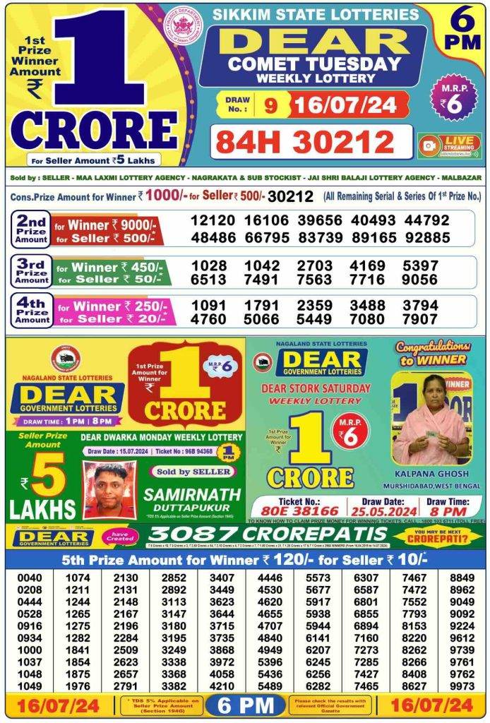 Lottery Sambad 16.7.2024 Today Result 1 PM, 6 PM, 8 PM