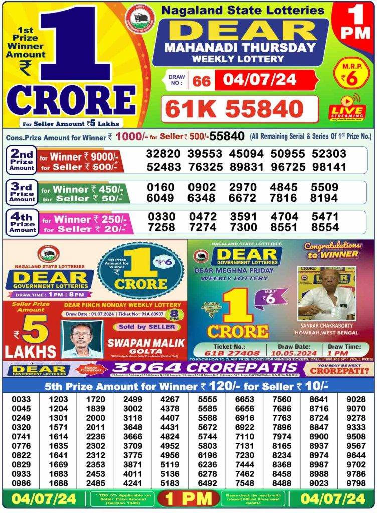 Lottery Sambad Morning 1 PM 4.7.2024