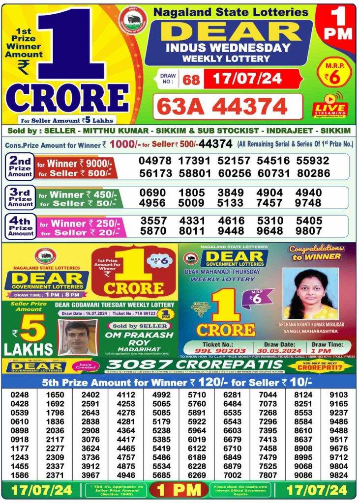 Lottery Sambad Result 17.7.2024 Today 1 PM, 6 PM & 8 PM.