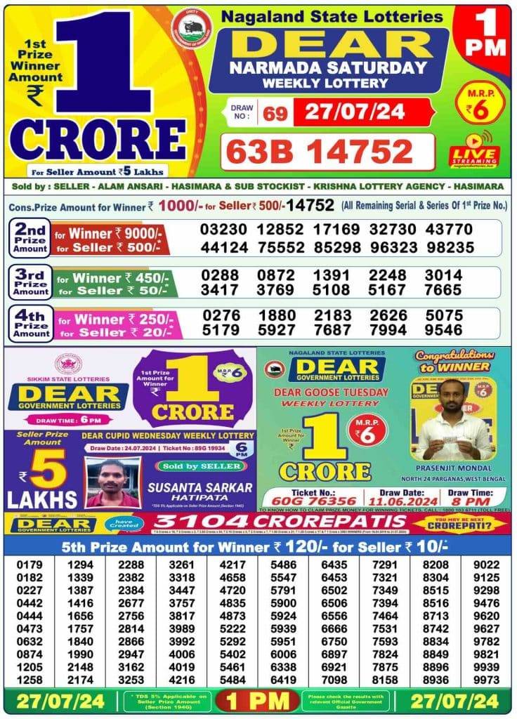 Lottery Sambad Morning 1 PM 27.7.2024