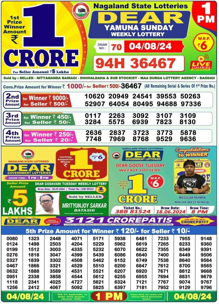 Lottery Sambad Morning 1 PM 4.8.2024