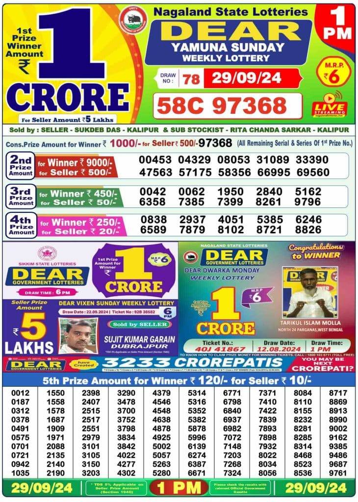 Lottery Sambad 29.9.2024 Today Result 1 PM, 6 PM, 8 PM