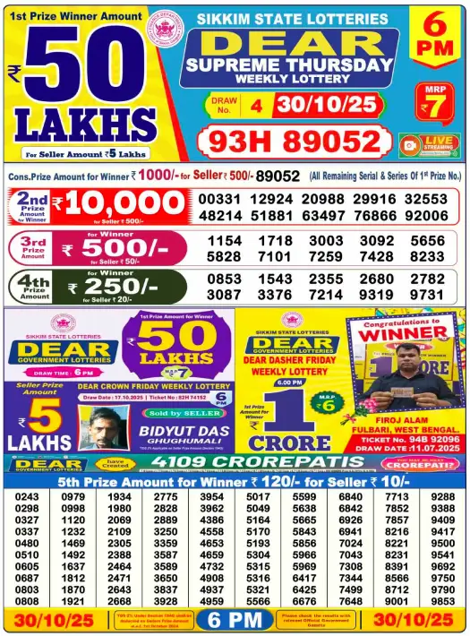 Lottery Sambad Day Result 6 PM 30.10.2025