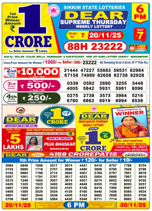 Lottery Sambad 20.11.2025 Today Result 1 PM, 6 PM, 8 PM
