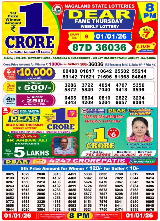 Lottery Sambad 1.1.2026 Today Result 1 PM, 6 PM, 8 PM
