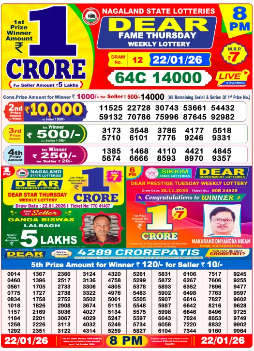 Lottery Sambad 22.1.2026 Today Result 1 PM, 6 PM, 8 PM