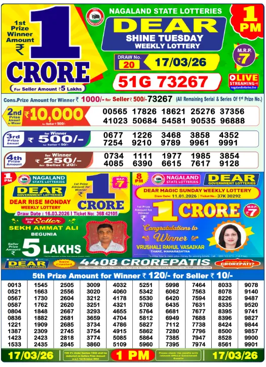 Lottery Sambad 17.3.2026 Today Result 1 PM, 6 PM, 8 PM