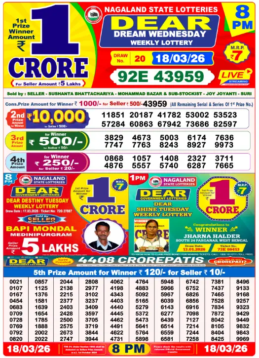 Lottery Sambad 18.3.2026 Today Result 1 PM, 6 PM, 8 PM