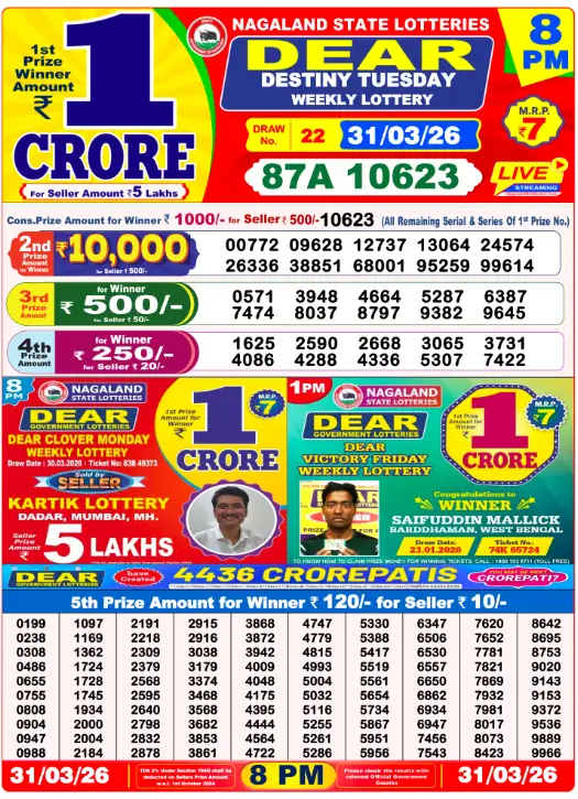 Lottery Sambad 31.3.2026 Today Result 1 PM, 6 PM, 8 PM