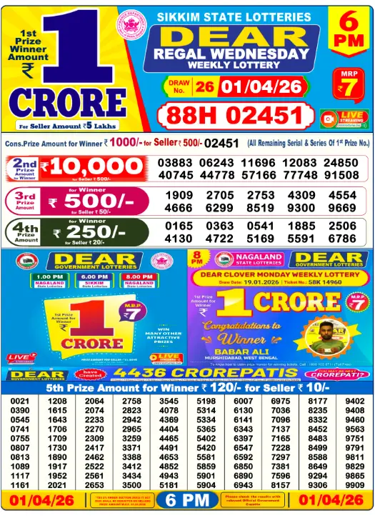 Lottery Sambad 1.4.2026 Today Result 1 PM, 6 PM, 8 PM