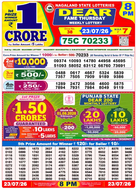Lottery Sambad 8 PM Evening Result 23.7.2026