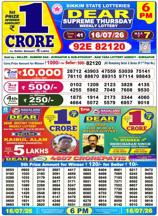 Lottery Sambad Day Result 6 PM 16.7.2026