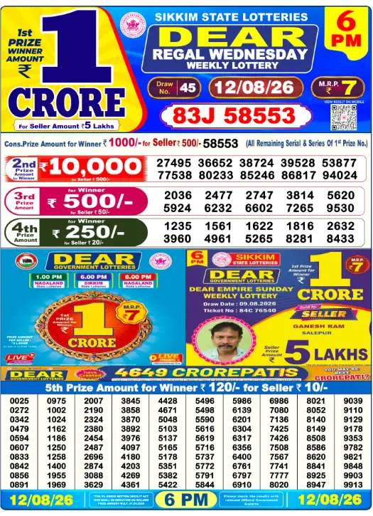 Lottery Sambad Day Result 6 PM 12.8.2026