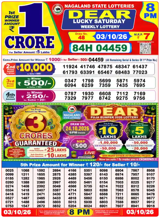 Lottery Sambad 8 PM Evening Result 3.10.2026